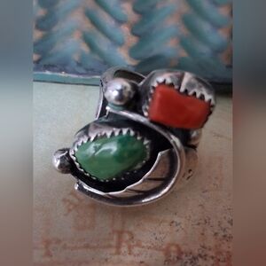 Coral Turquoise Silver Ring